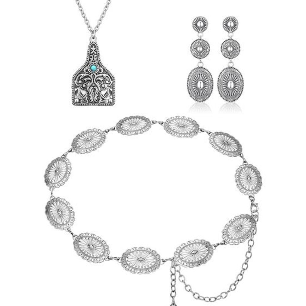 3 Pcs Western Jewelry Bohemian Set, Necklace, Earrings and Concho belt